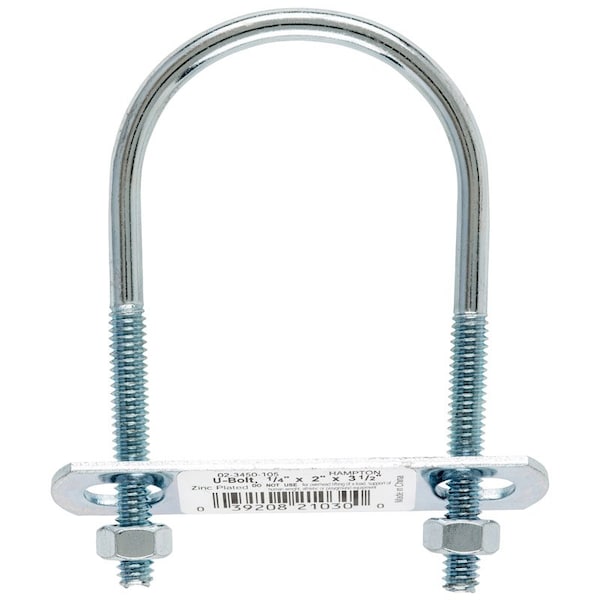 Hampton Round U-Bolt, 1/4", 2 in W, 3-1/2 in H, Zinc Plated Steel 02-3450-105 - main